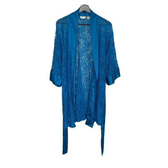 Vintage 90s Victorias Secret Gold Label Blue Lace Short Robe One Size - Picture 2 of 8